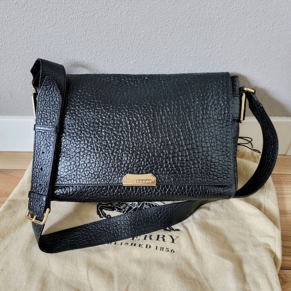 Burberry Medium Lockford Flap Calf Grain Textured Leather Crossbody Bag in Black